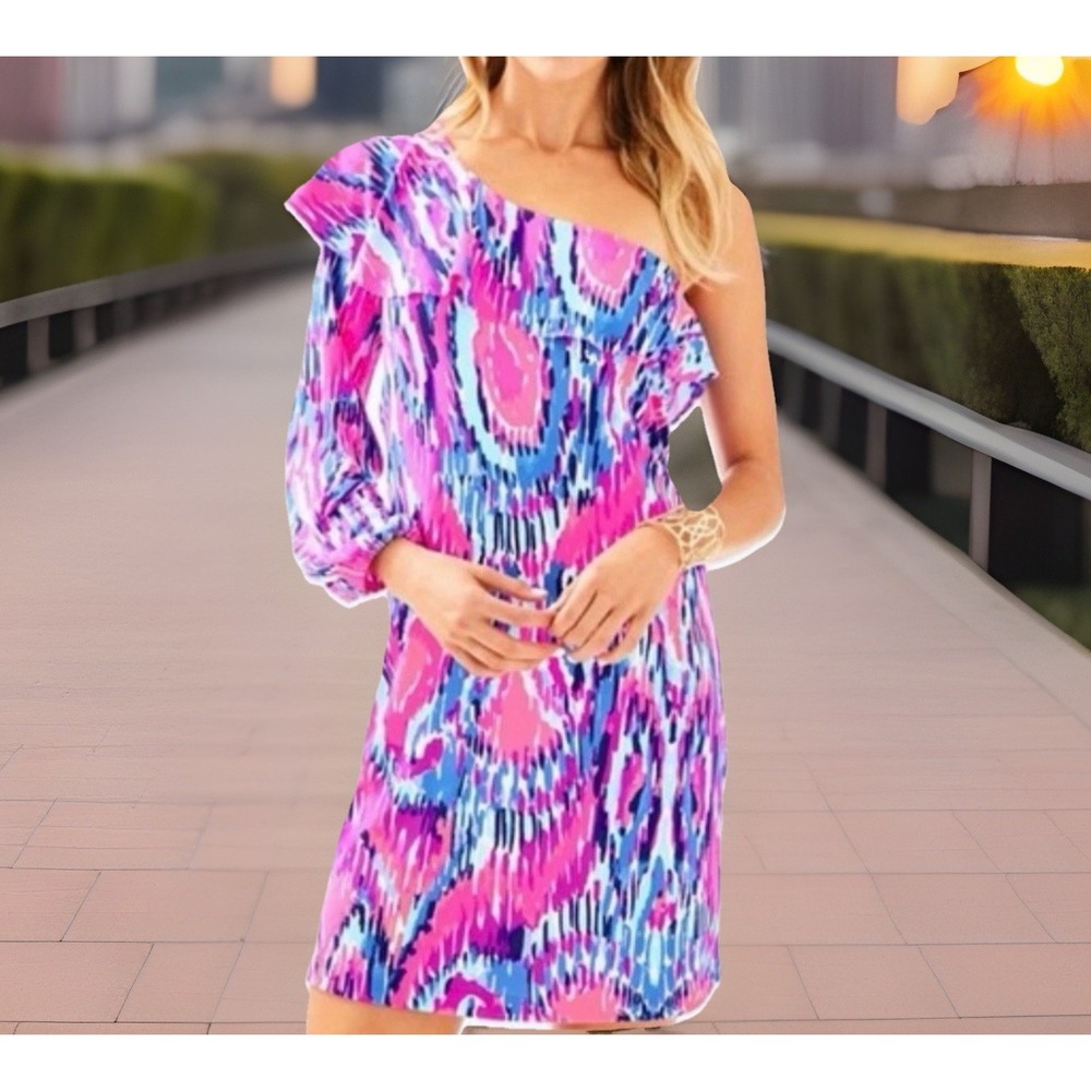 Lilly Pulitzer Amante Shift‎ Dress Silk Jersey Free Spirit One Shoulder Women S